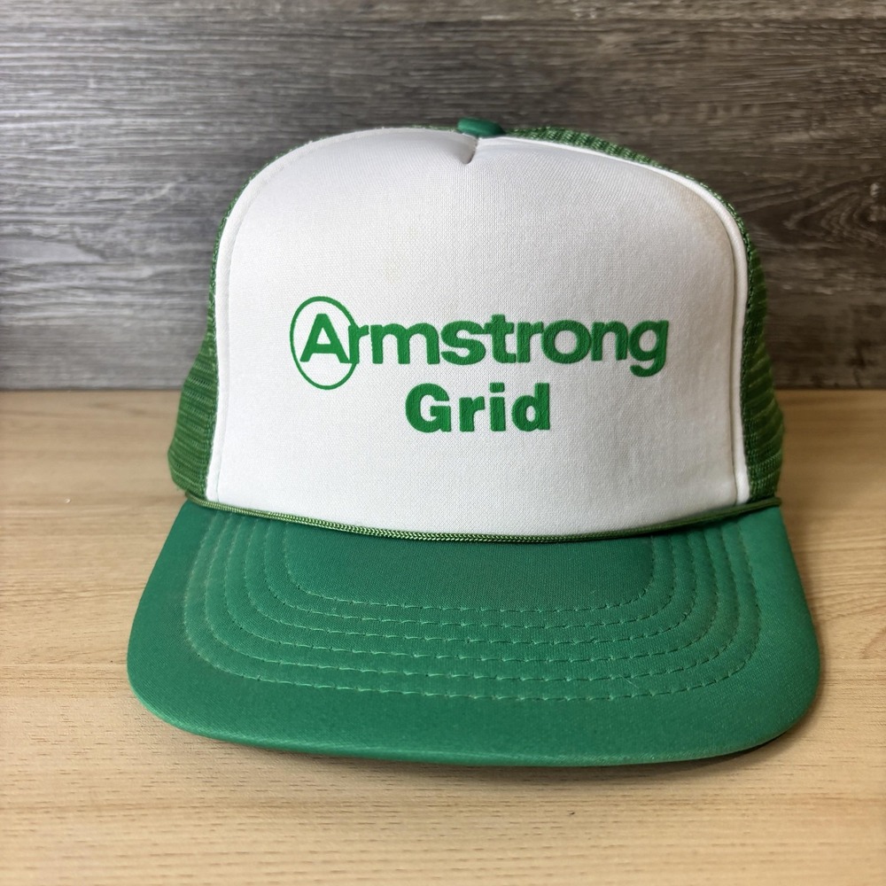 Vintage Armstrong Grid Hat Cap Snap Back Green White Mesh Trucker Promo Mens 80s